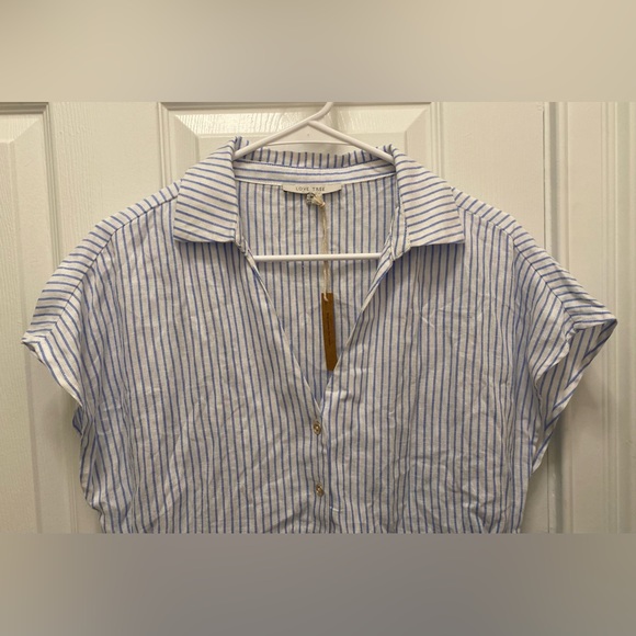 3/$25! NEW! Women’s Boutique Classic Carol Button Up Striped Linen Peplum Top M - Picture 7 of 16